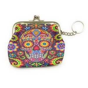 4.5" Multicolor Sugar Skull Snap Closure Coin Purse w/ Keychain